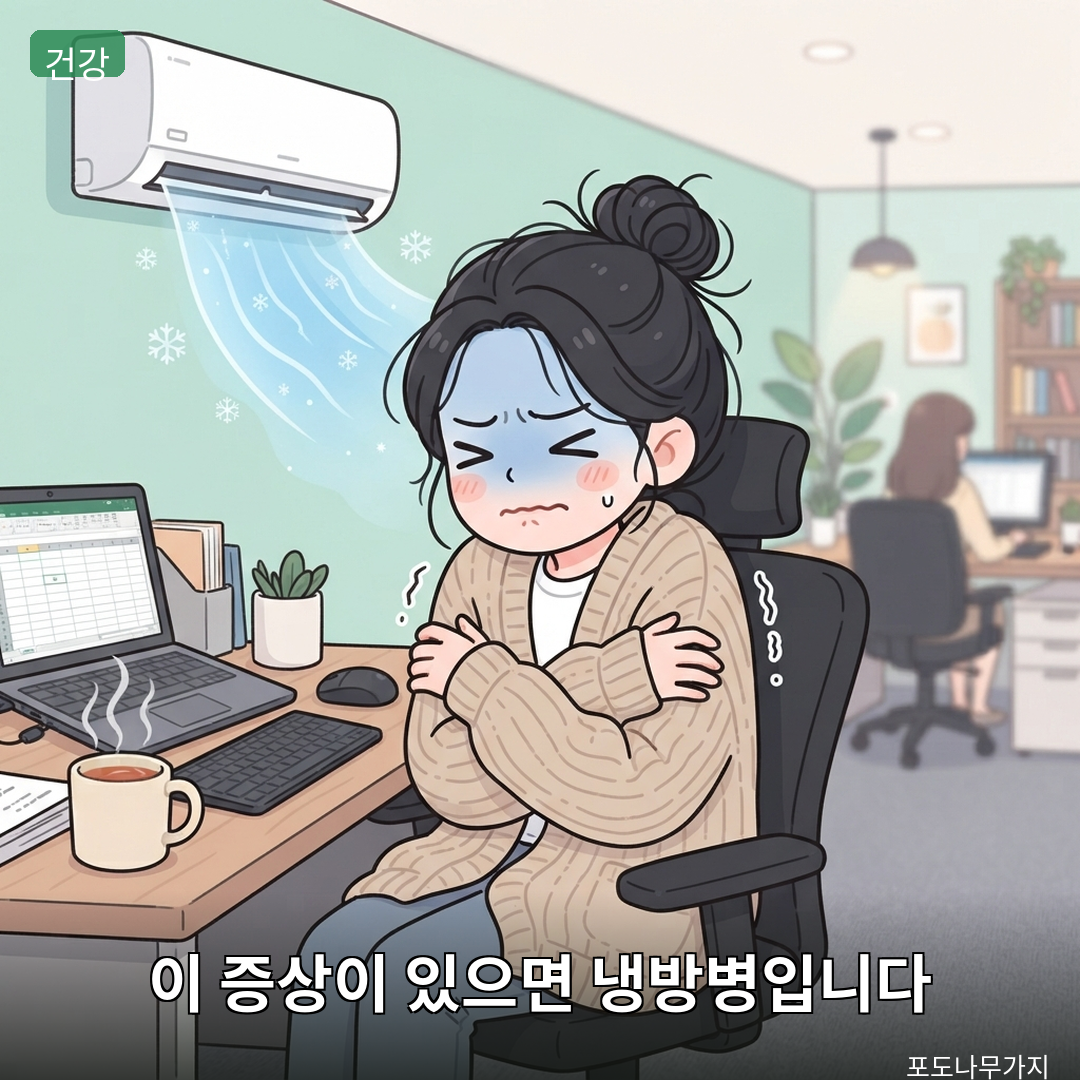 냉방병으로 고생하는 사무실 여성 일러스트